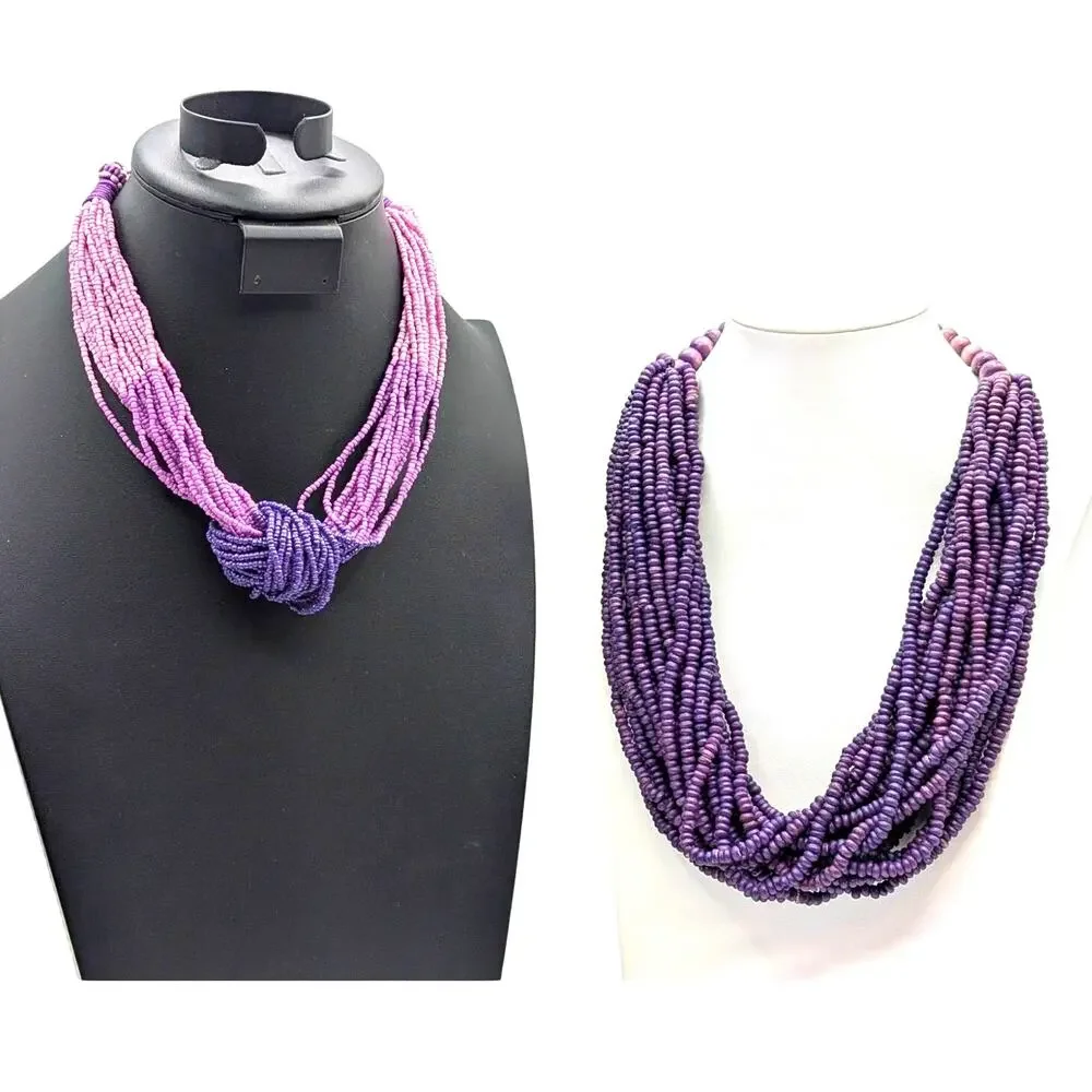 Lot of Two Purple Multi-Strand Beaded Boho Tribal Vibe Necklaces
